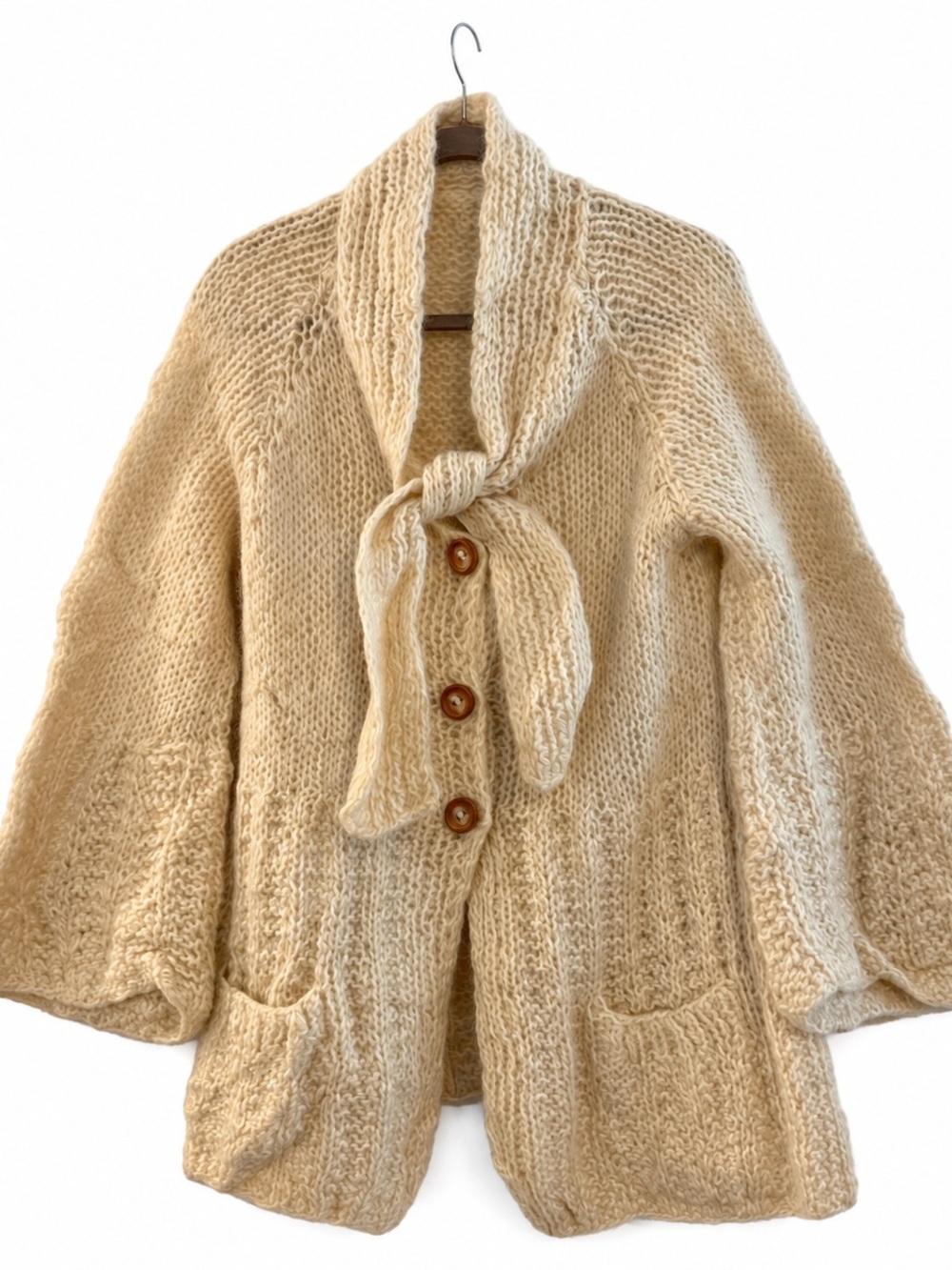 VINTAGE! Beautiful  Cozy Boho Shawl Collar Hand Knit Wool Sweater Cardigan